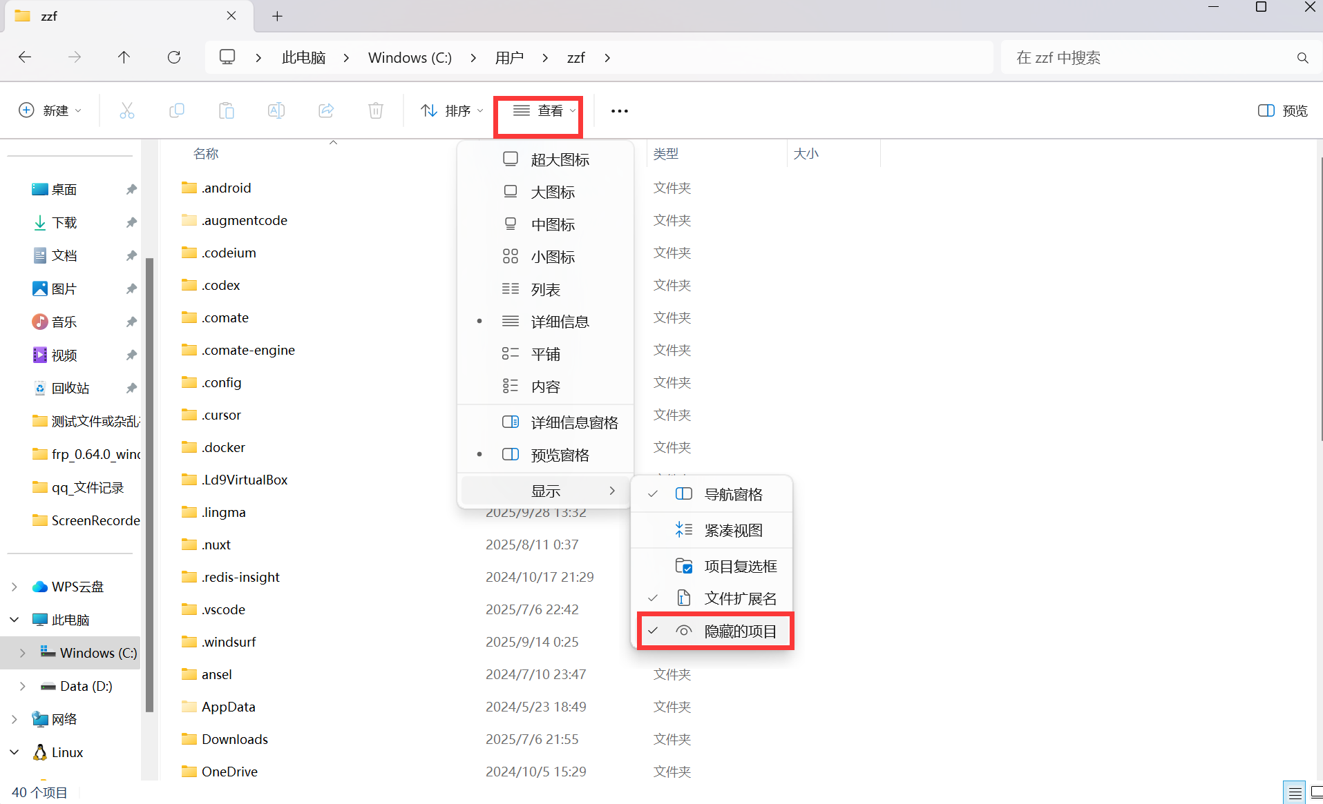 Windows 文件资源管理器开启显示隐藏的项目